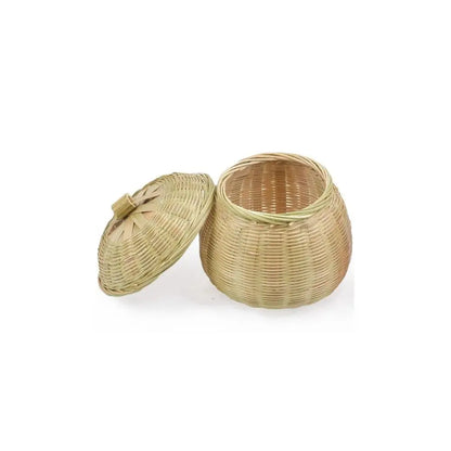 Round Lidded Bamboo Rattan Storage Basket | Hand-Woven Wicker Box with Lid | Fruit, Bread, Picnic | 4 Sizes