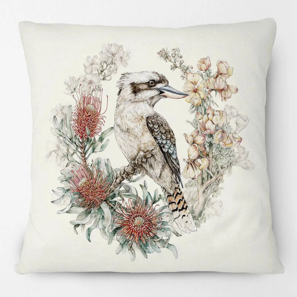 Kookaburra Cushion Cover | Watercolour Native Flowers | 45 x 45cm