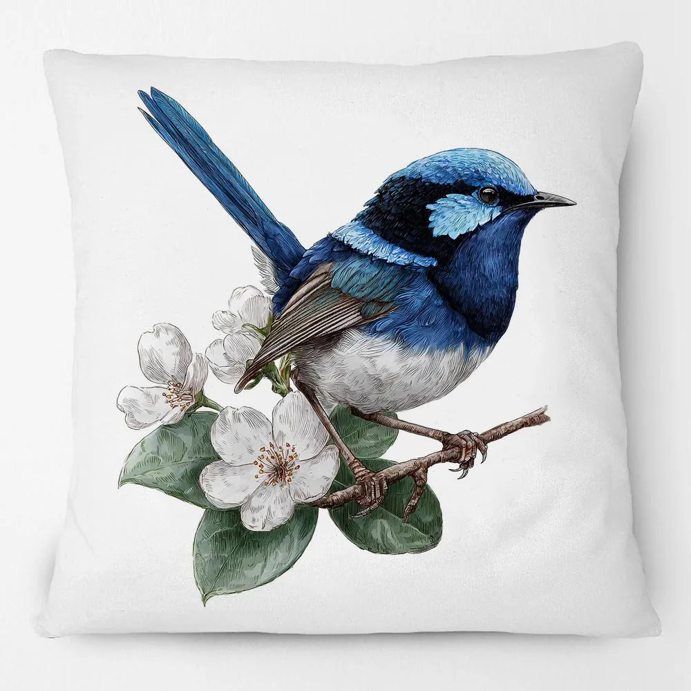 Blue Wren Cushion Cover 45x45cm | Watercolour Bird & Wildflower Pillow Cover | Australian Country Farmhouse Decor