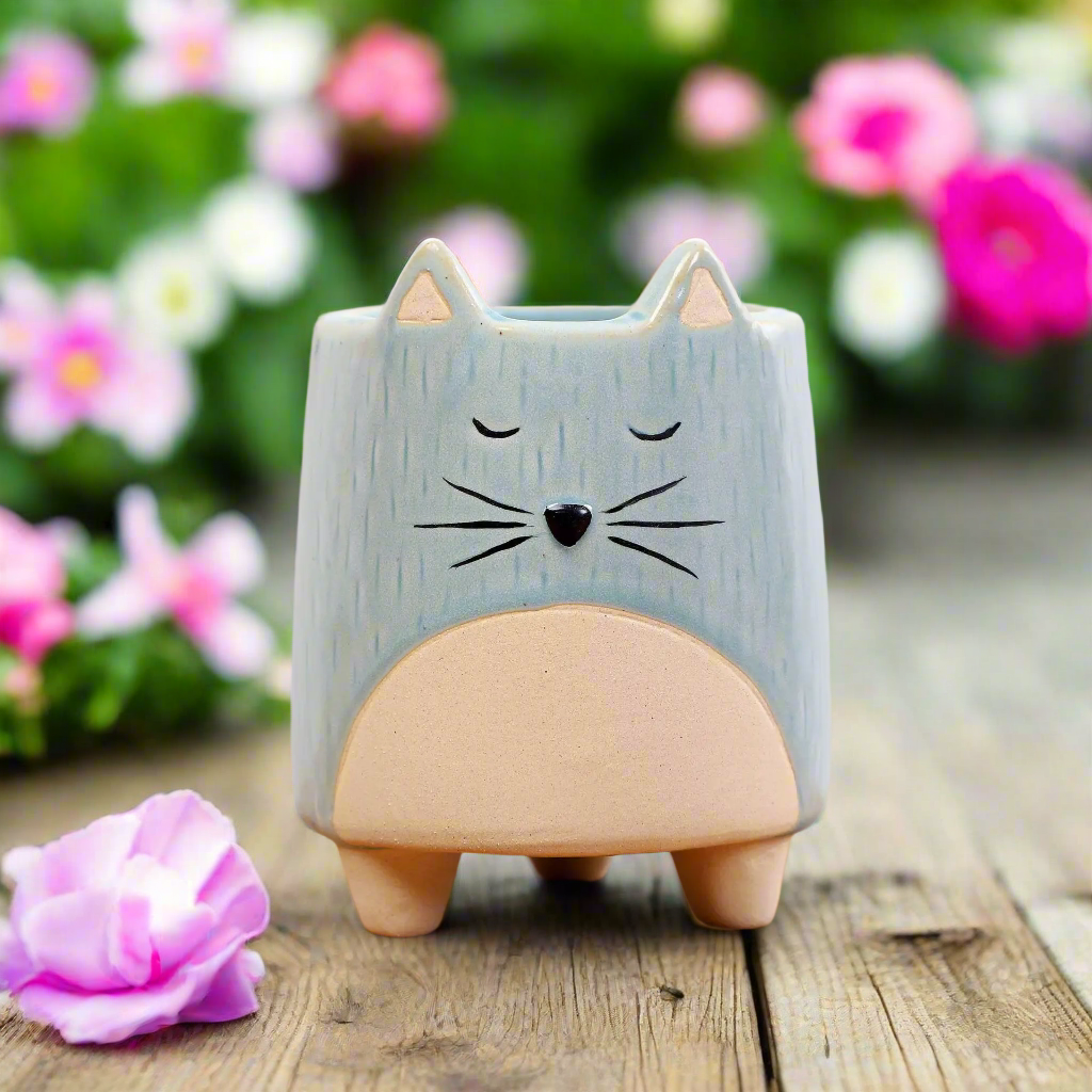 Cat Kitty Blue Ceramic Pot Planter - Succulent Cactus Garden 7x7x10cm