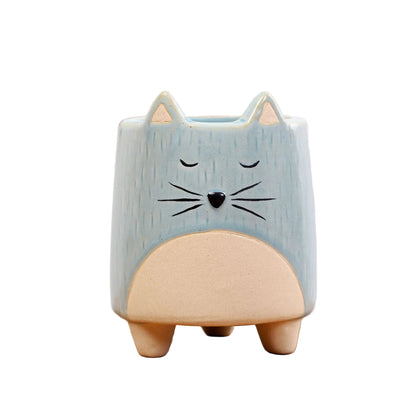 Cat Kitty Blue Ceramic Pot Planter - Succulent Cactus Garden 7x7x10cm