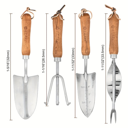 Garden Tool Set | Stainless Steel Wood Handle Trowel Rake Weeder Set of 4