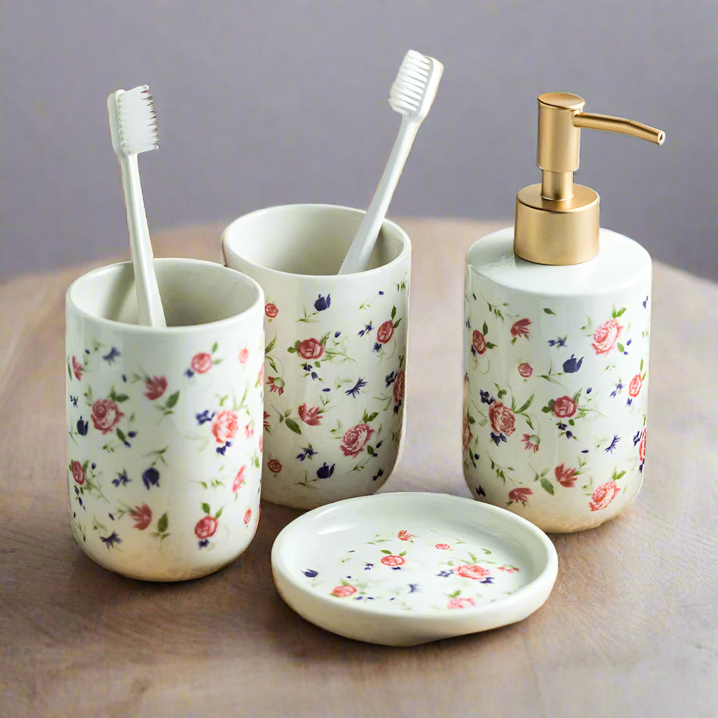 Soap Dispenser Toothbrush Holder Country Rose Set