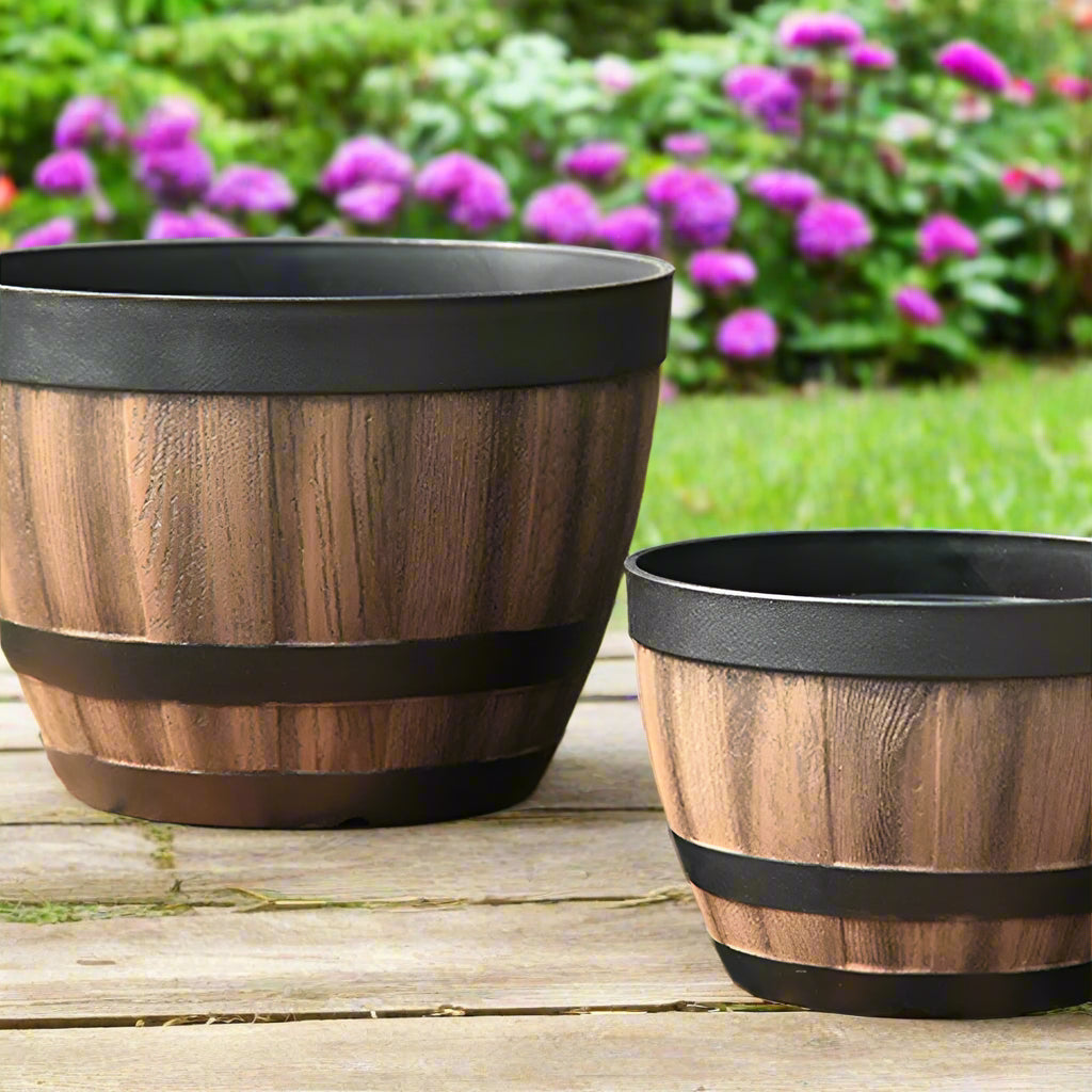 Planter Garden Pot Wood Style Barrel Rustic