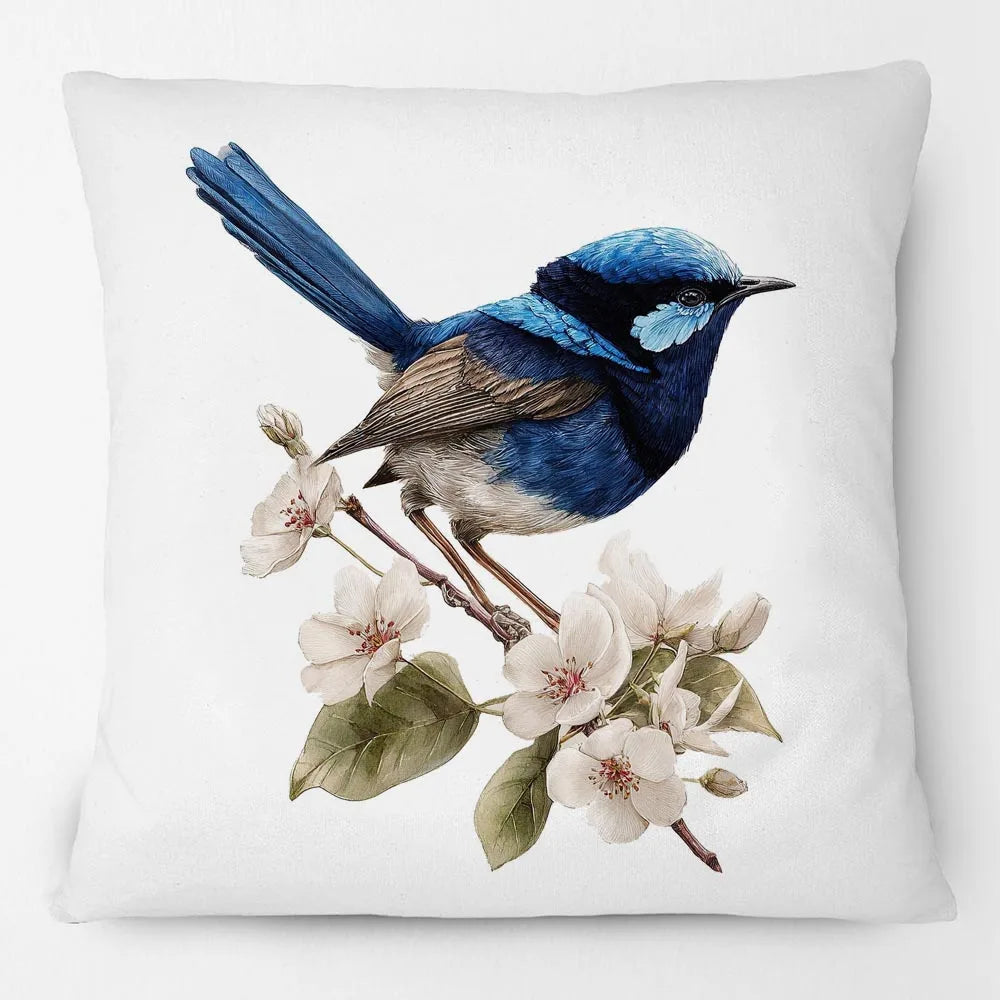 Blue Wren Cushion Cover 45x45cm | Watercolour Bird & Wildflower Pillow Cover | Australian Country Farmhouse Decor