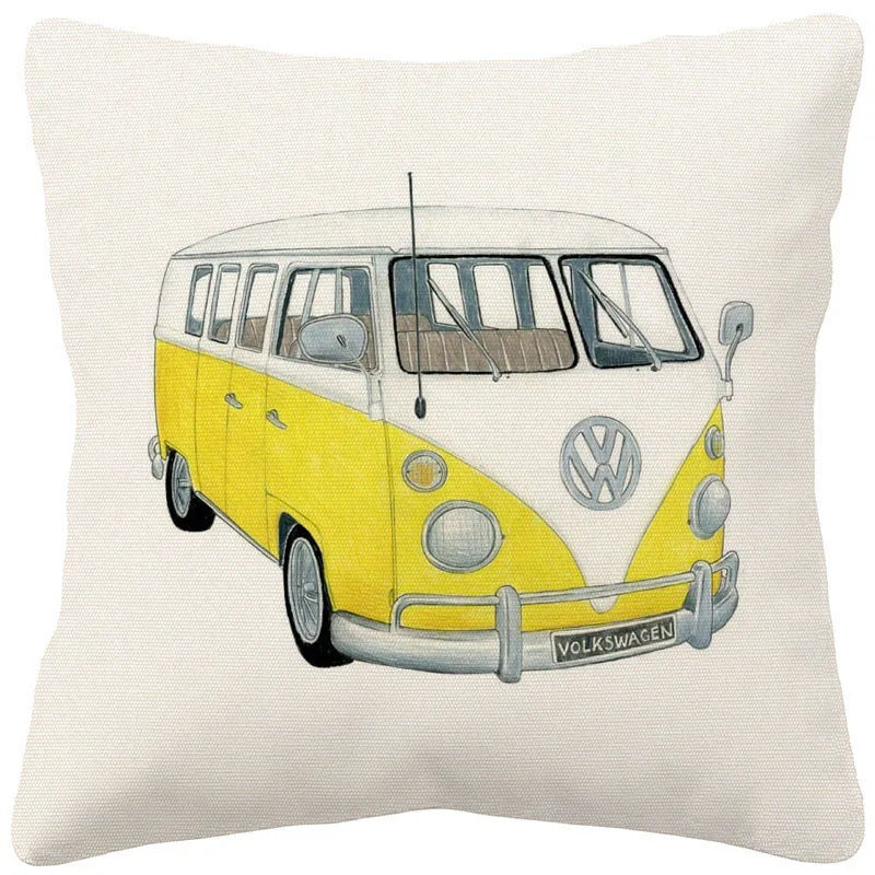 VW Beetle & Kombi Van Cushion Cover | Retro Vintage Car Art | Linen or Plush | 45x45cm