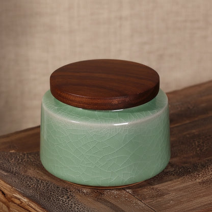 Celadon Ceramic Storage Jar with Wooden Lid — Tea, Jewellery & Trinket Box