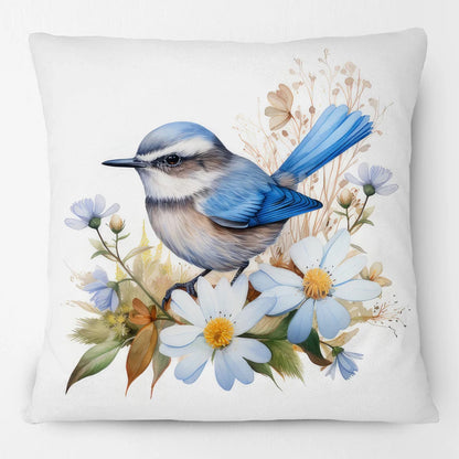 Blue Wren Cushion Cover 45x45cm | Watercolour Bird & Wildflower Pillow Cover | Australian Country Farmhouse Decor