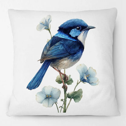 Blue Wren Cushion Cover 45x45cm | Watercolour Bird & Wildflower Pillow Cover | Australian Country Farmhouse Decor
