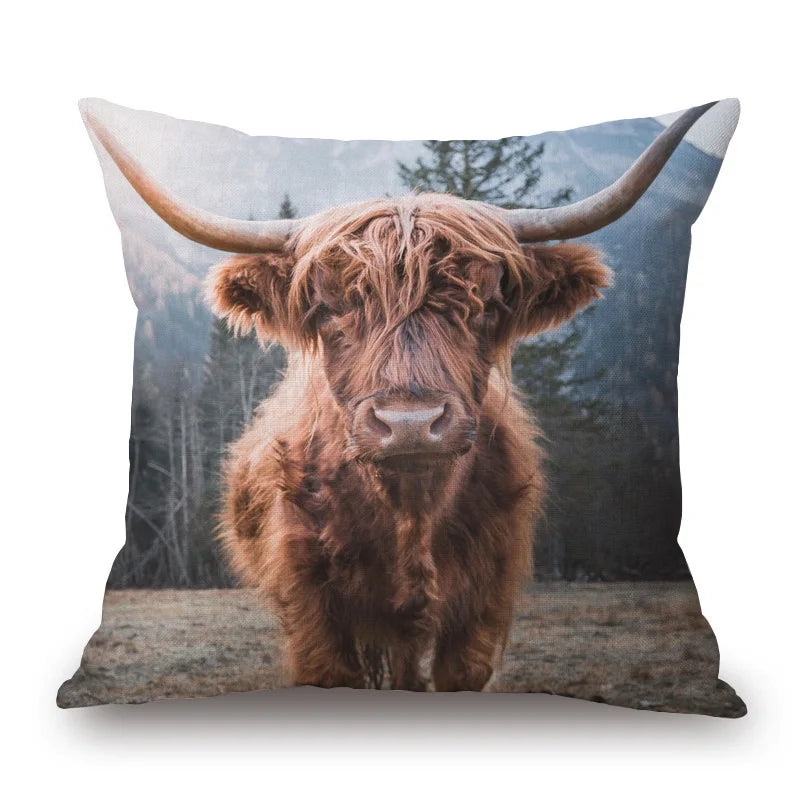 Highland Cow Cushion Cover 45x45cm | Scottish Cattle Photo Print Pillow Cover | Rustic Country Farmhouse Decor
