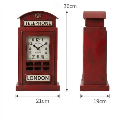 Vintage London Telephone Booth Desk Clock | Red British Phone Box Table Clock | Silent Quartz