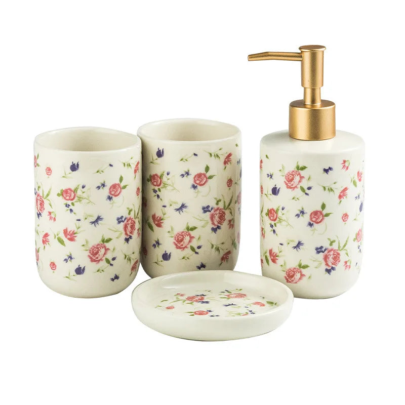 Soap Dispenser Toothbrush Holder Country Rose Set