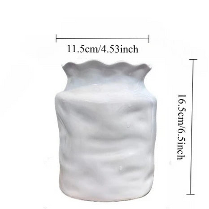 White Ceramic Utensil Holder | Ruffled Rim Kitchen Crock | Countertop Organiser & Vase