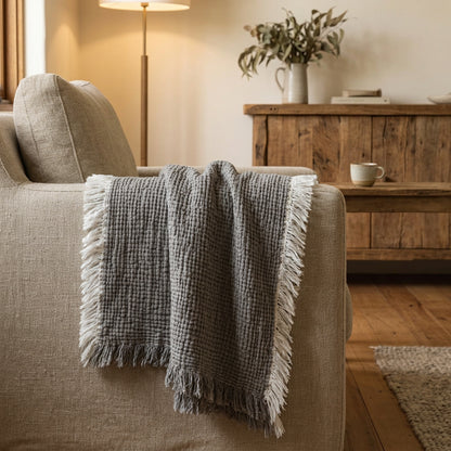 Cotton Linen Blend Throw Blanket | Textured Tassel Fringe | 2 Sizes