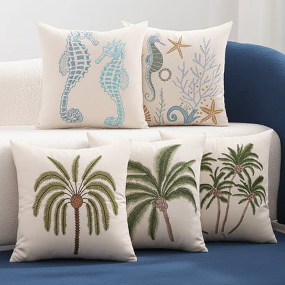 Embroidered Coastal Cushion Cover | Coconut Palm, Seahorse & Ocean Design | 45x45cm