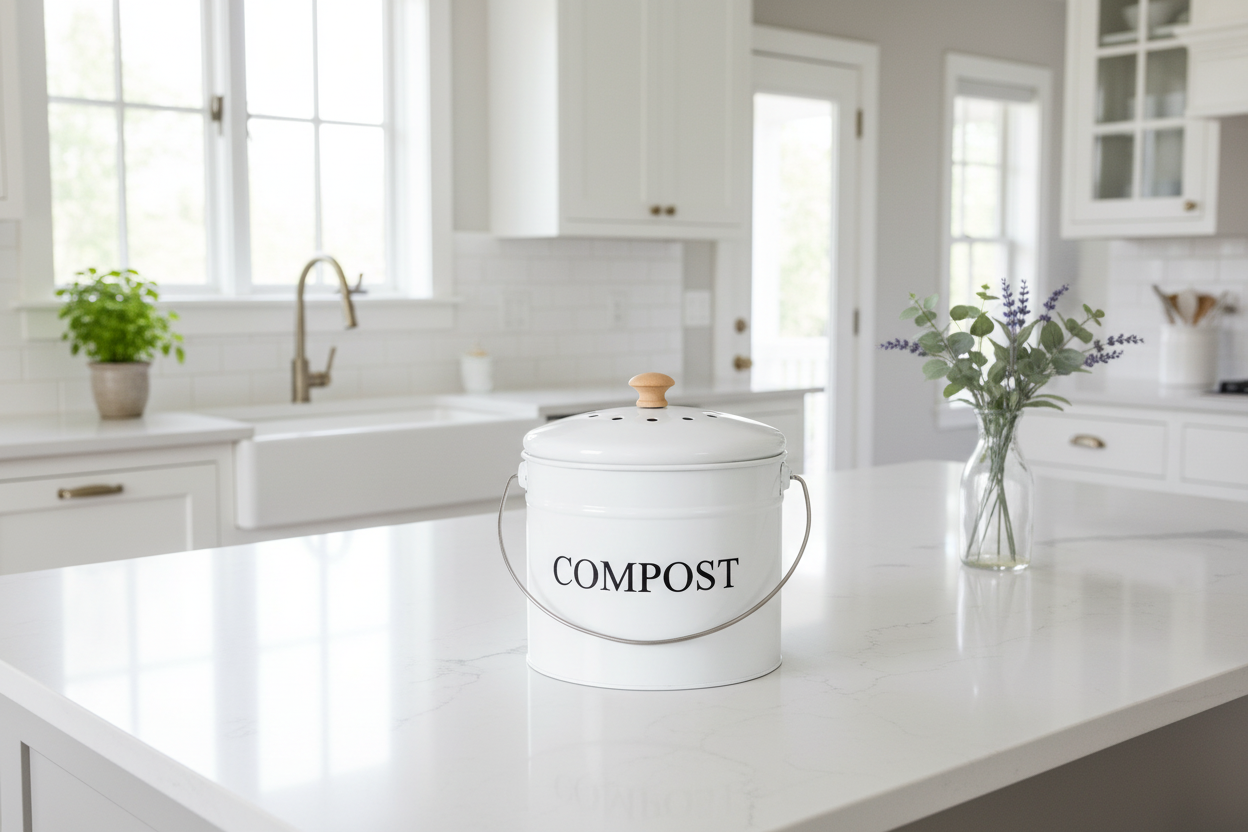 Kitchen Compost Bin White Metal Bucket with Carbon Filter Lid