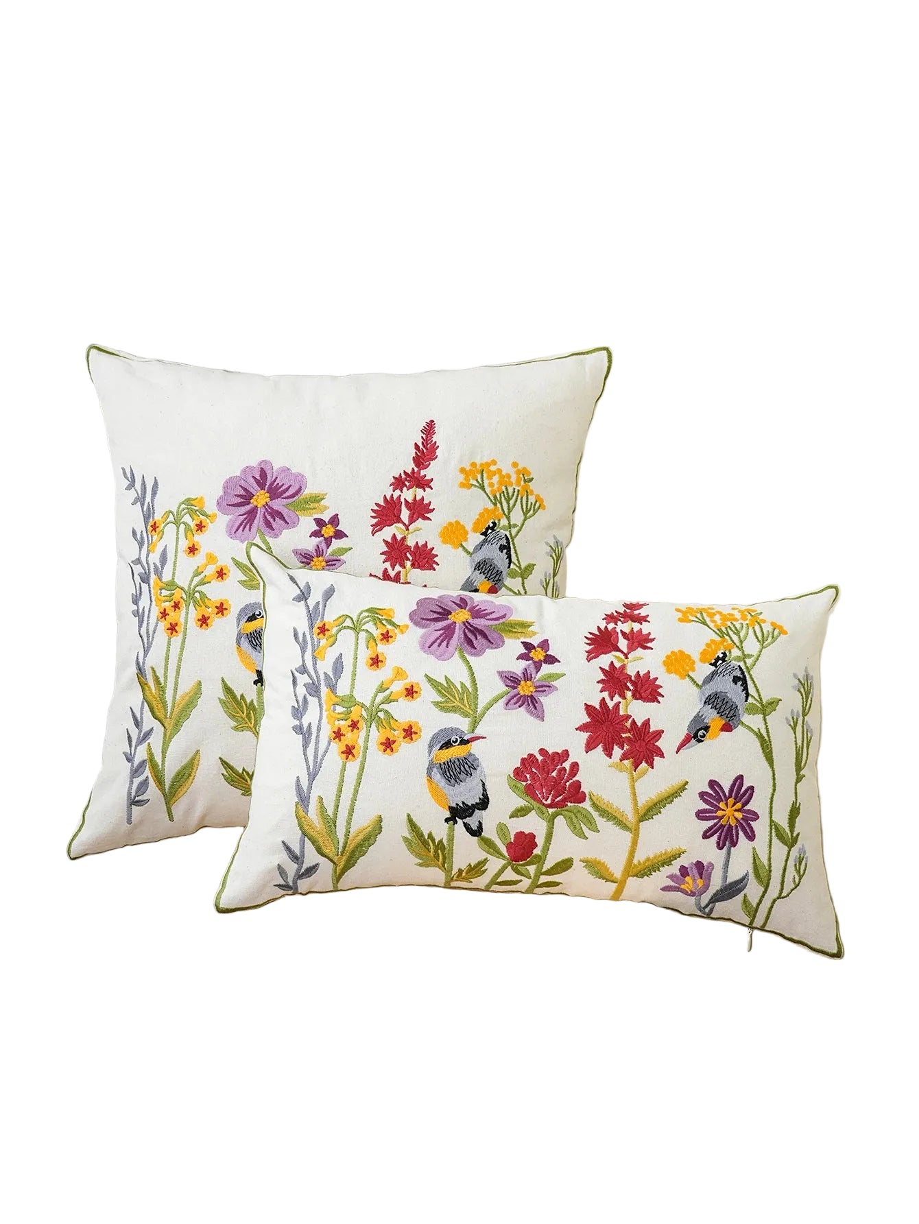Floral Birds Embroidered Cushion Cover | Botanical Garden Design | Sofa & Bed Decor