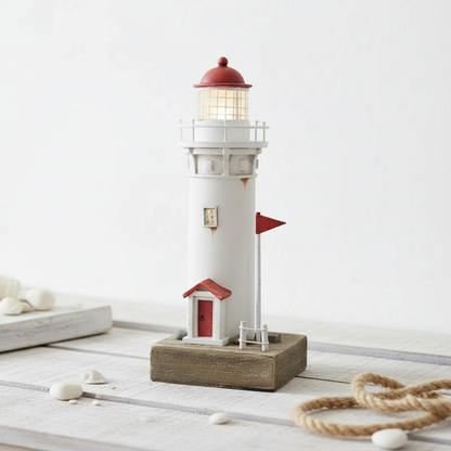 Lighthouse Night Light Vintage Red White with Flag 24cm - LED Decor