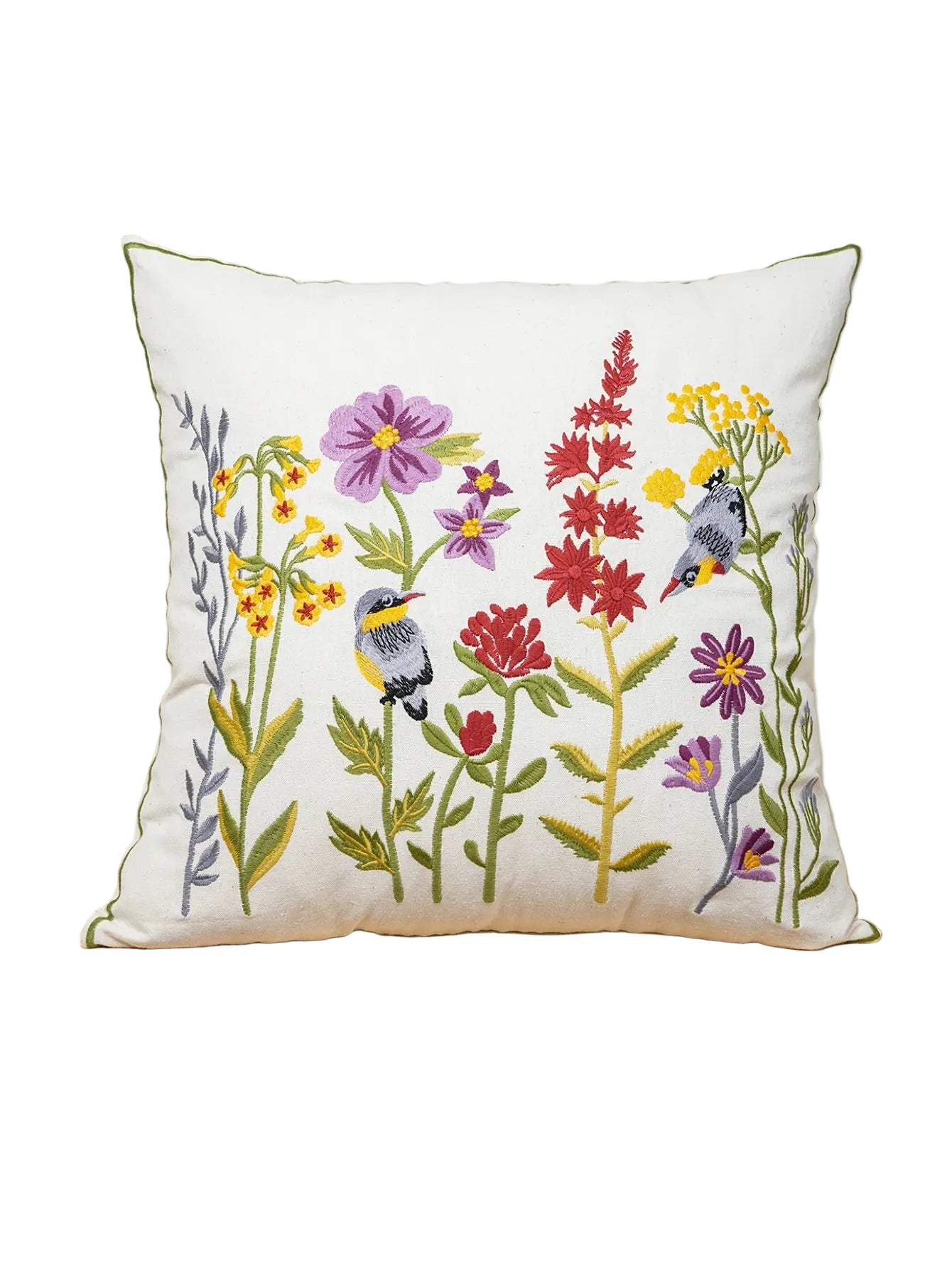 Floral Birds Embroidered Cushion Cover | Botanical Garden Design | Sofa & Bed Decor
