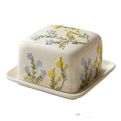 Hand-Painted Floral Ceramic Butter Dish with Lid