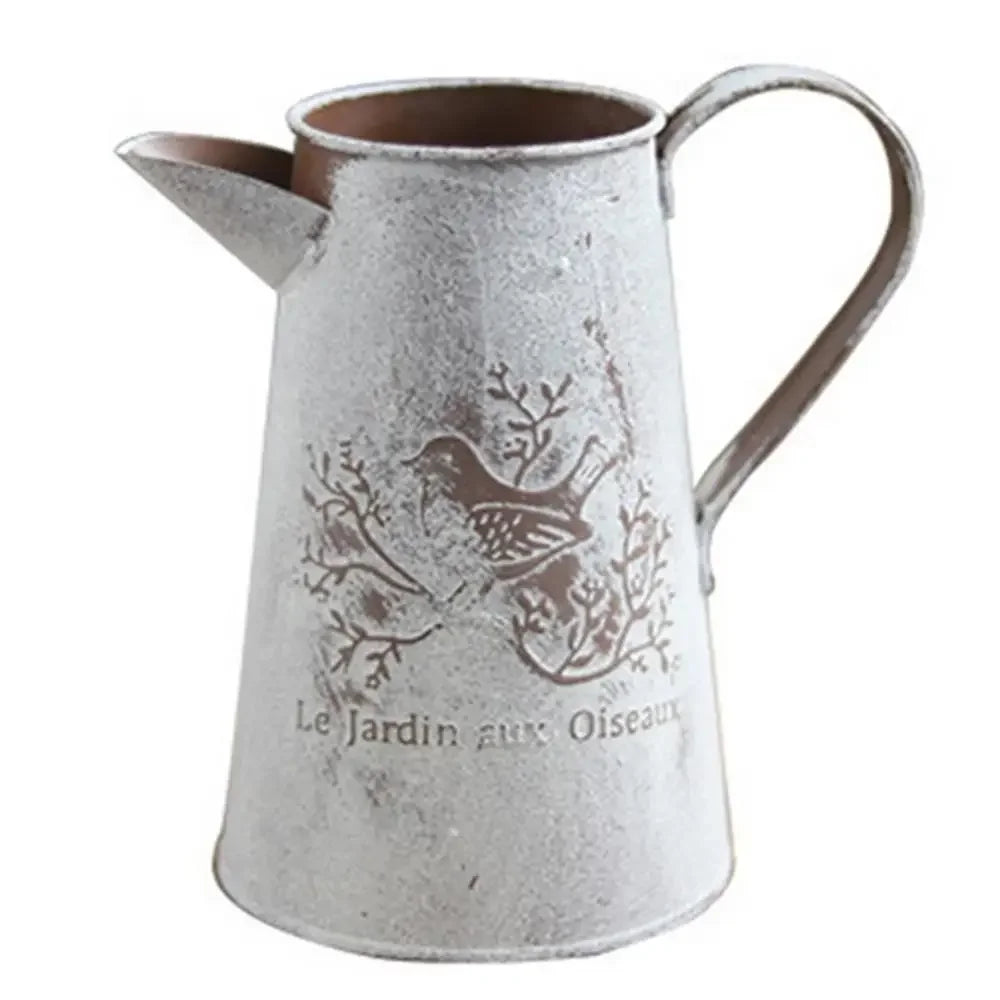 French Vintage Metal Pitcher Vase | Le Jardin aux Oiseaux | Rustic Galvanized Jug | Flower Holder | S & L