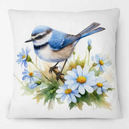 Blue Wren Cushion Cover 45x45cm | Watercolour Bird & Wildflower Pillow Cover | Australian Country Farmhouse Decor
