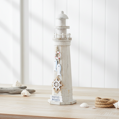 Wooden Lighthouse Ornament 32cm - Coastal Nautical Desktop Decor