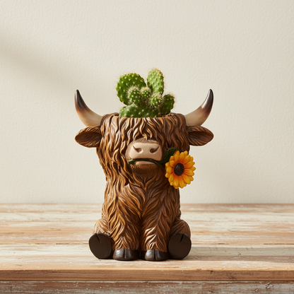 Highland Cow Sunflower Resin Planter Pot or Pen Holder | Cute Country Farmhouse Decor