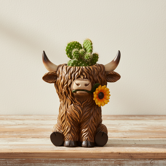Highland Cow Sunflower Resin Planter Pot or Pen Holder | Cute Country Farmhouse Decor