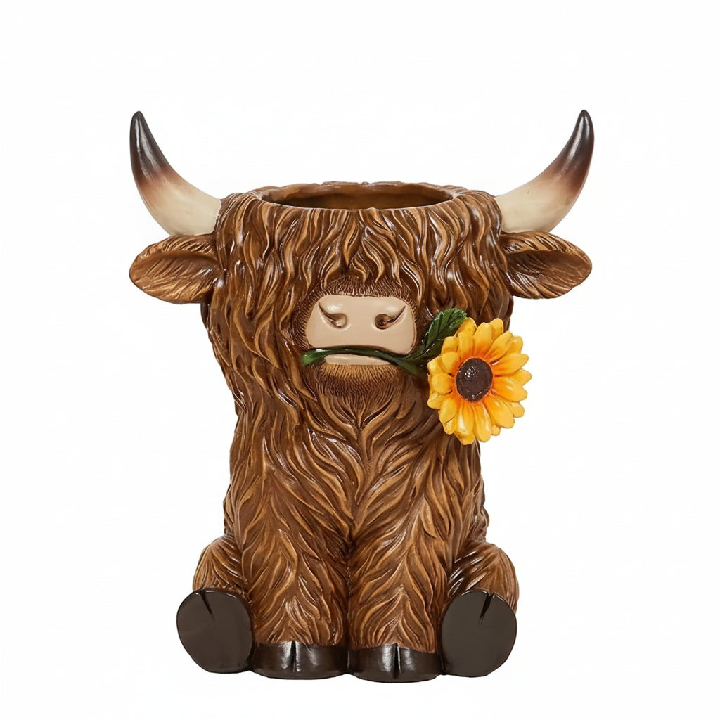 Highland Cow Sunflower Resin Planter Pot or Pen Holder | Cute Country Farmhouse Decor