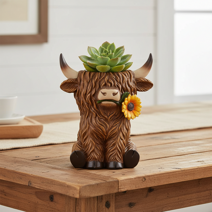 Highland Cow Sunflower Resin Planter Pot or Pen Holder | Cute Country Farmhouse Decor