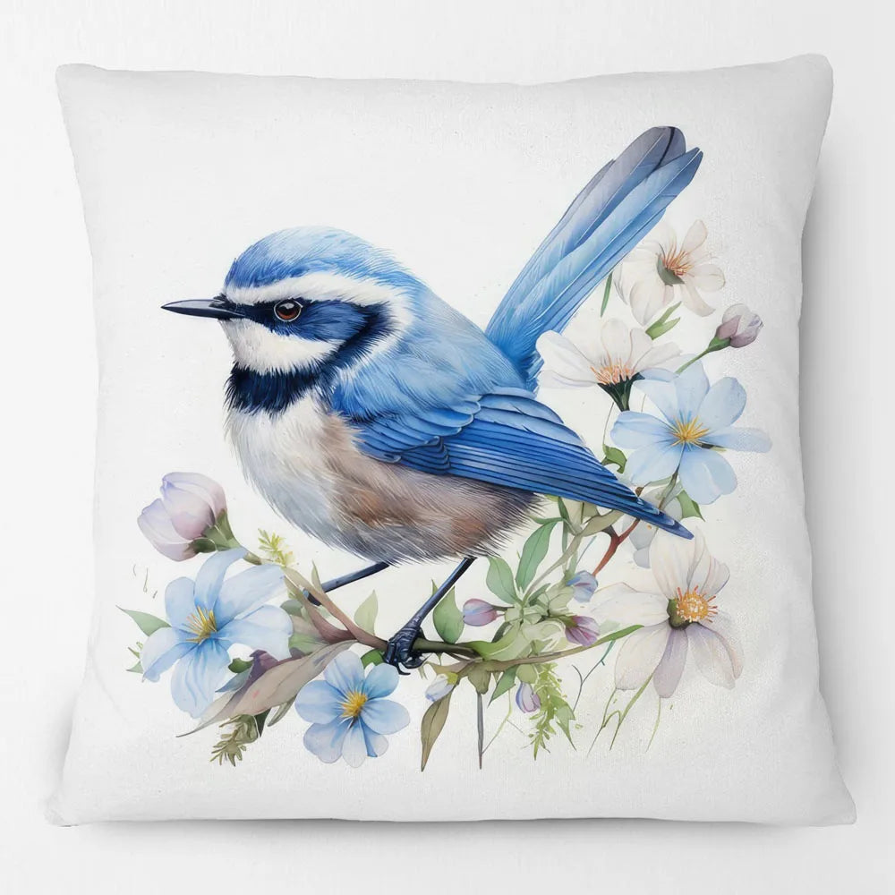 Blue Wren Cushion Cover 45x45cm | Watercolour Bird & Wildflower Pillow Cover | Australian Country Farmhouse Decor