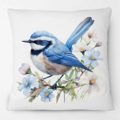 Blue Wren Cushion Cover 45x45cm | Watercolour Bird & Wildflower Pillow Cover | Australian Country Farmhouse Decor