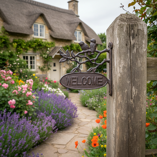 Welcome Little Birds Cast Iron Hanging Sign - Cottage Garden 24.5x24cm