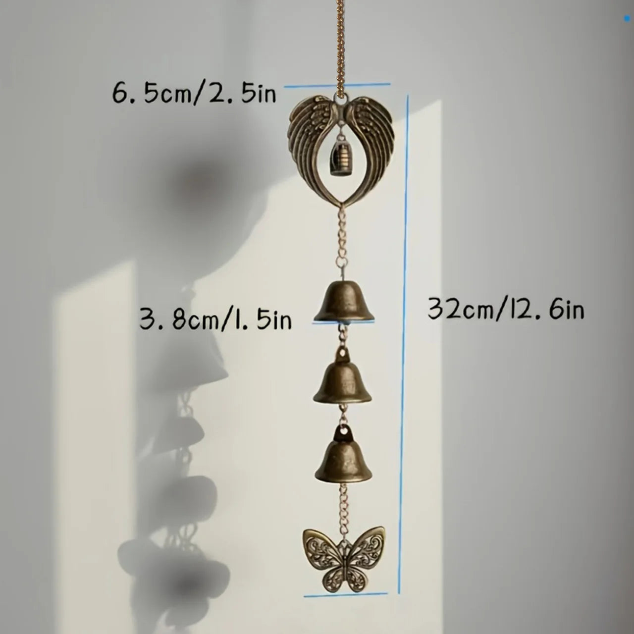 Metal Hanging Wind Chime Bell Angel Wing Butterfly 32cm Long Memorial Gift