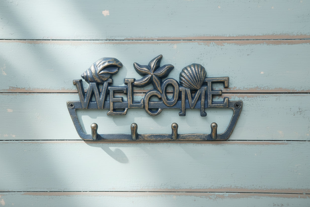 Welcome Coastal Wall Hook - Seashells & Starfish Metal Decorative Hook