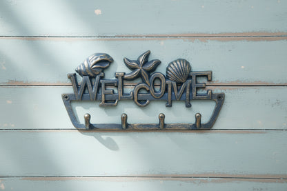 Welcome Coastal Wall Hook - Seashells & Starfish Metal Decorative Hook