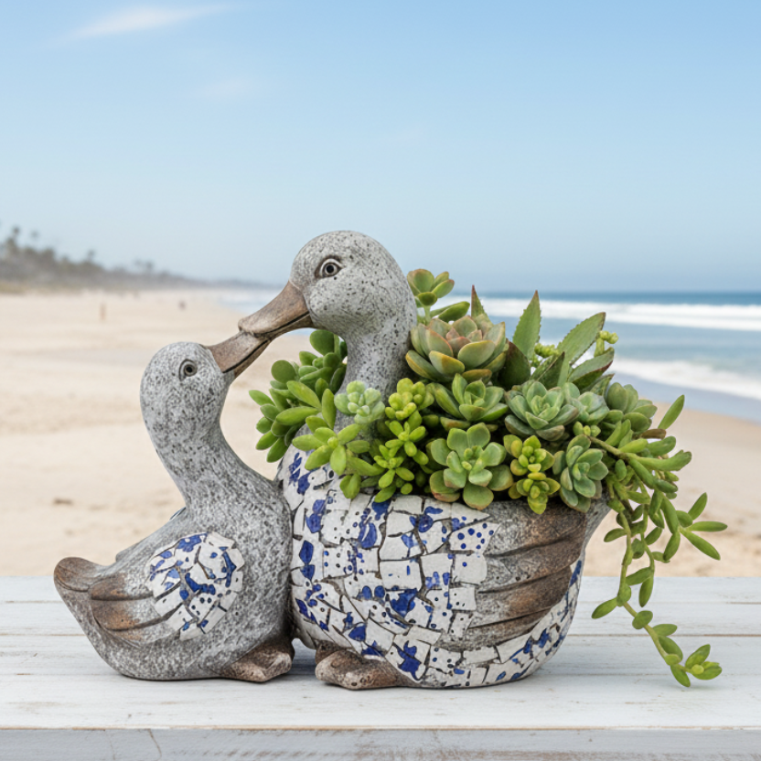 Blue White Duck Victorian Planter Pot - Hamptons Decor