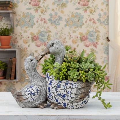 Blue White Duck Victorian Planter Pot - Hamptons Decor