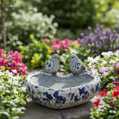 Blue White Heart Victorian Bird Bath Feeder Dish Hamptons Decor