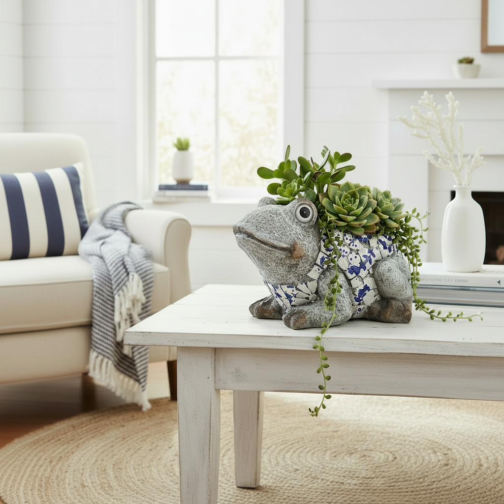 Blue White Frog Victorian Planter Pot Hamptons Coastal Decor