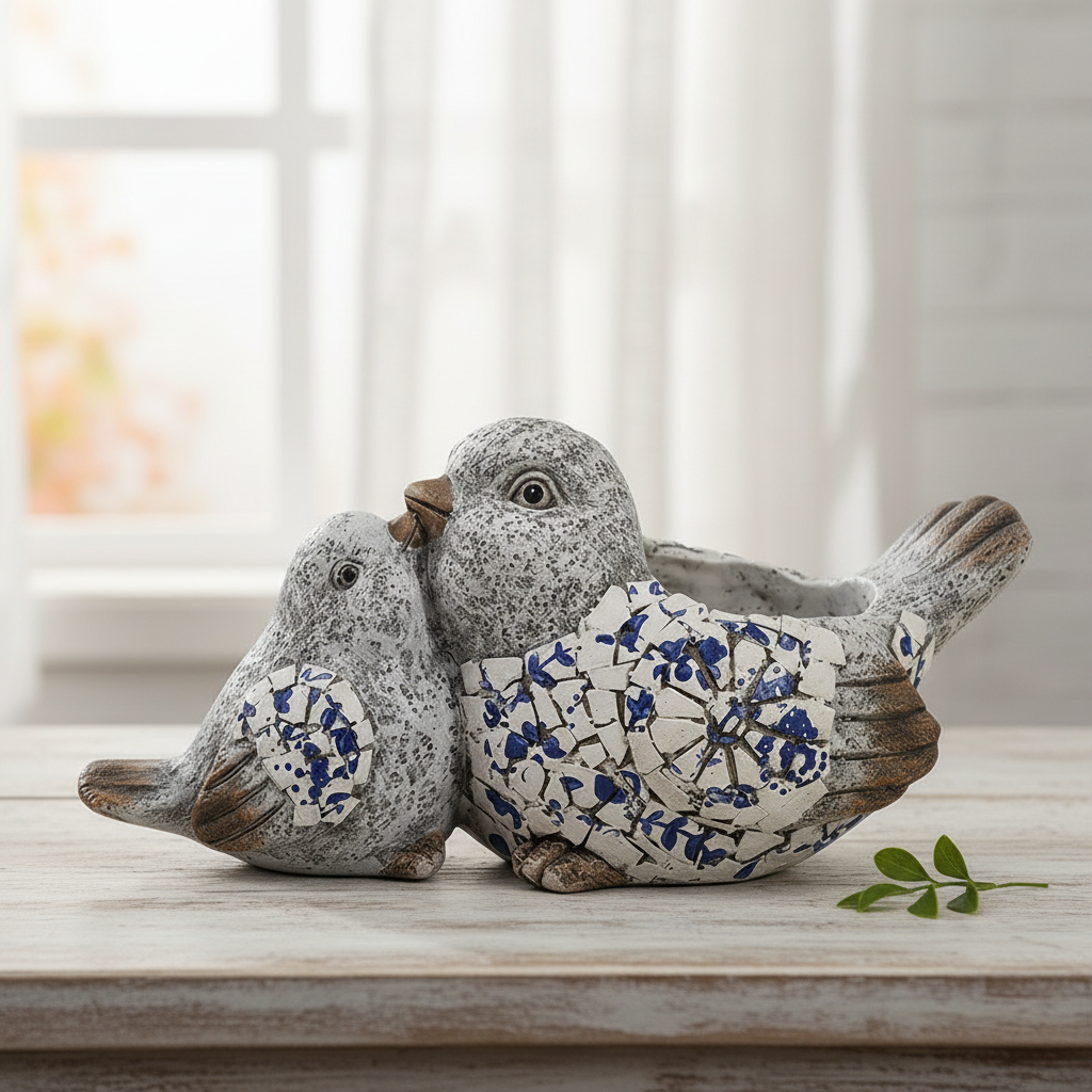 Blue White Birds Victorian Planter Pot - Hamptons Decor