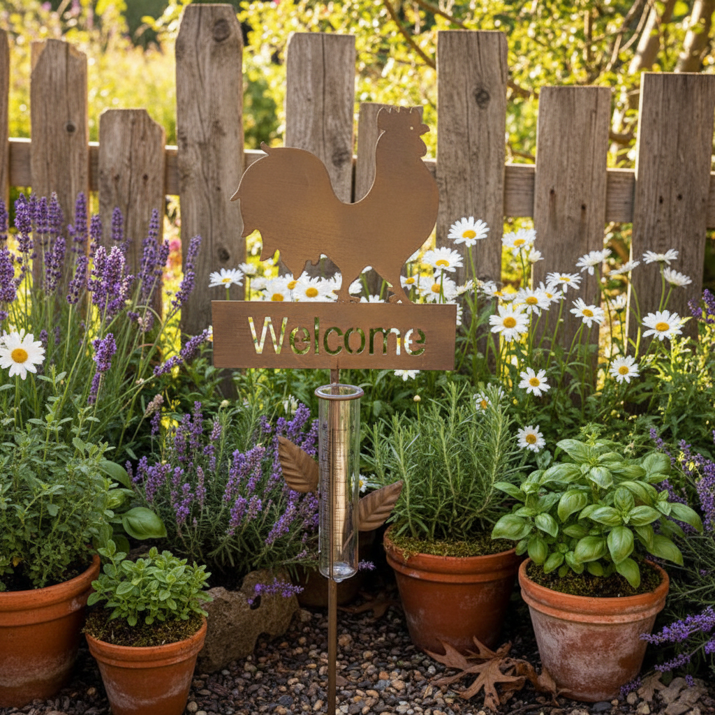 Rain Gauge Rooster Stake Cast Iron - Catcher Garden