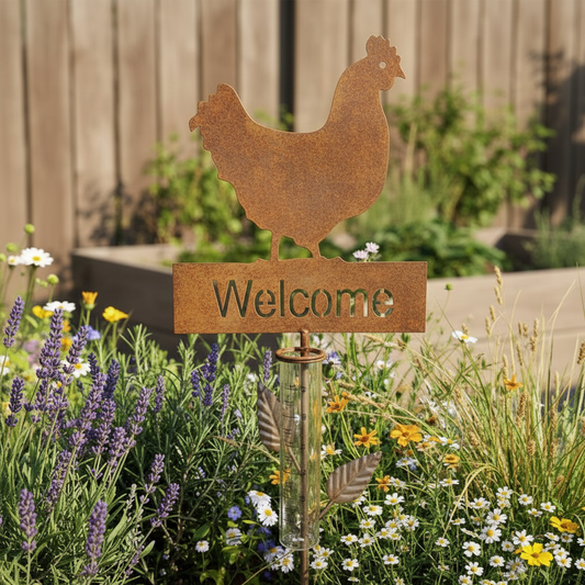 Rain Gauge Hen Chicken Stake Cast Iron - Catcher Garden