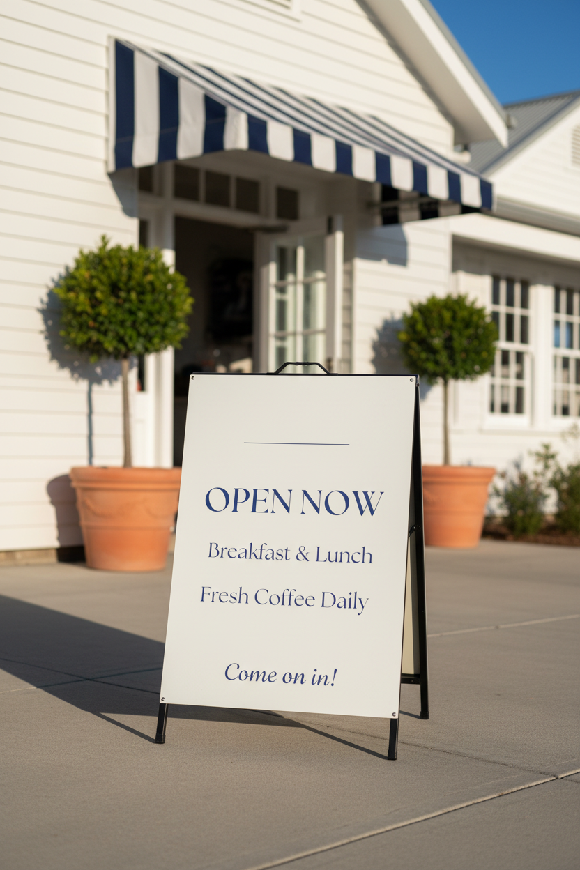 A-Frame Metal Sign — café open now branding outside coastal shopfront