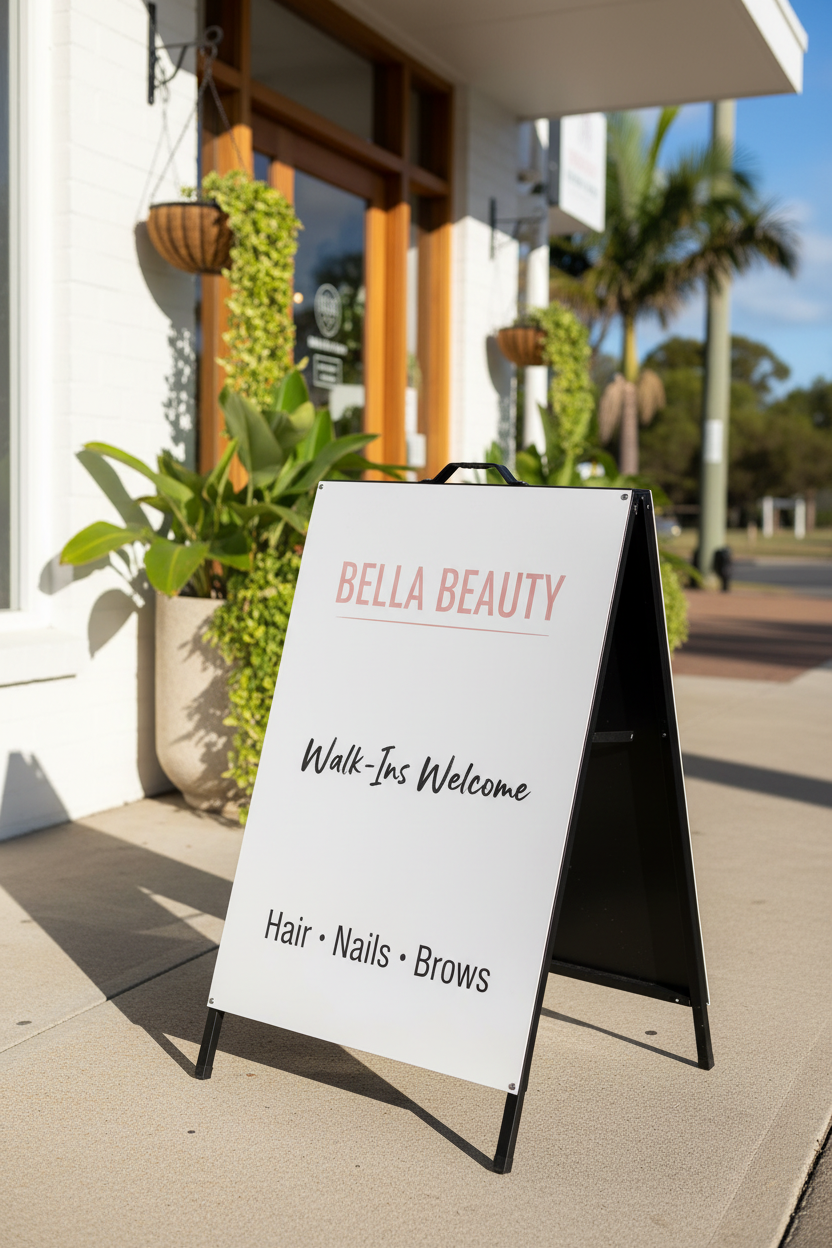 A-Frame metal sign — hair beauty salon walk-ins welcome portrait shape