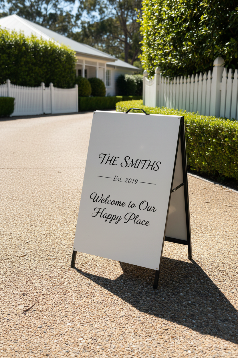 A-Frame Metal Sign — personalised family welcome sign at Hamptons home driveway