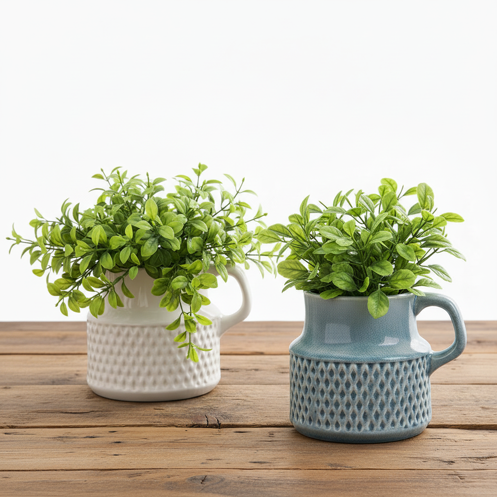 Ceramic Jug Planter Pot Vase - Blue White with Handle