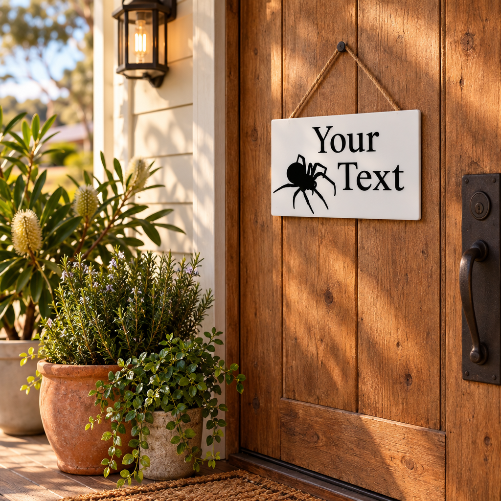 Actual spider sign hanging on a rustic timber door with potted plants