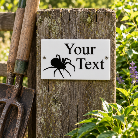Actual spider sign mounted on a weathered timber fence post near garden tools